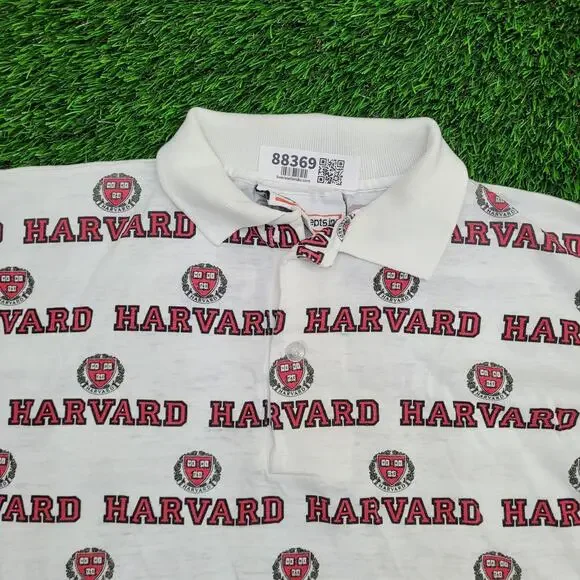 Vintage 90s Harvard University Polo Shirt 2XL 25x31 White Red AOP